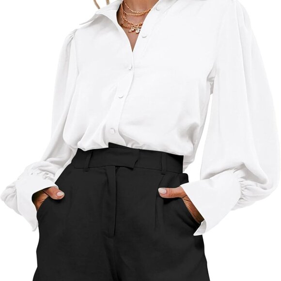 Tops - Women Satin Button Down Shirts Lantern Long Sleeve Blouses Summer Fall Business